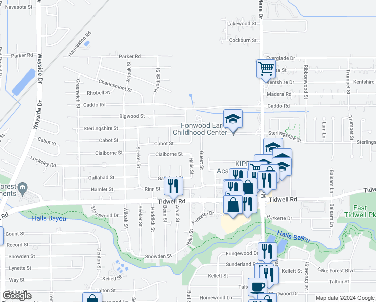 map of restaurants, bars, coffee shops, grocery stores, and more near 8471 Claiborne Street in Houston