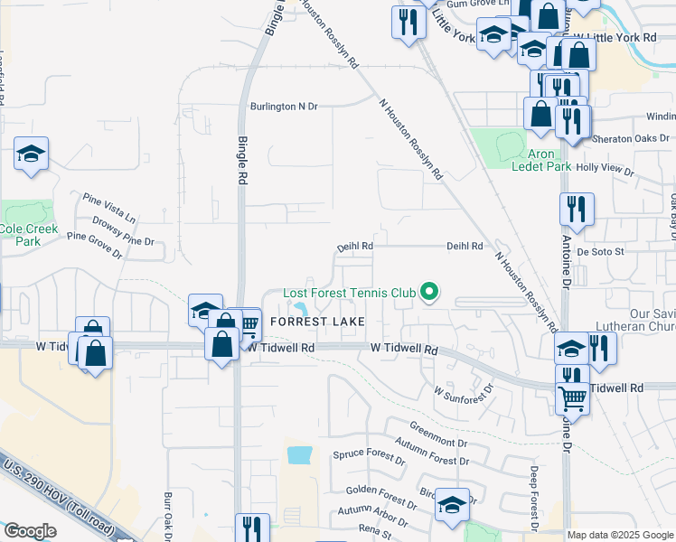 map of restaurants, bars, coffee shops, grocery stores, and more near 6401 Deihl Road in Houston