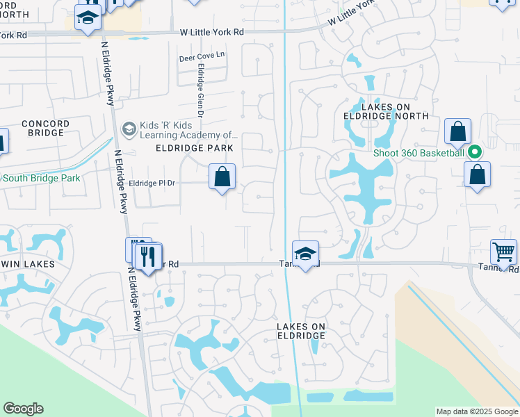 map of restaurants, bars, coffee shops, grocery stores, and more near 12414 Calico Falls Lane in Houston