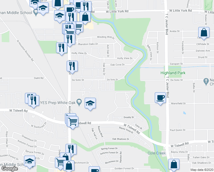 map of restaurants, bars, coffee shops, grocery stores, and more near 5389 De Soto St in Houston
