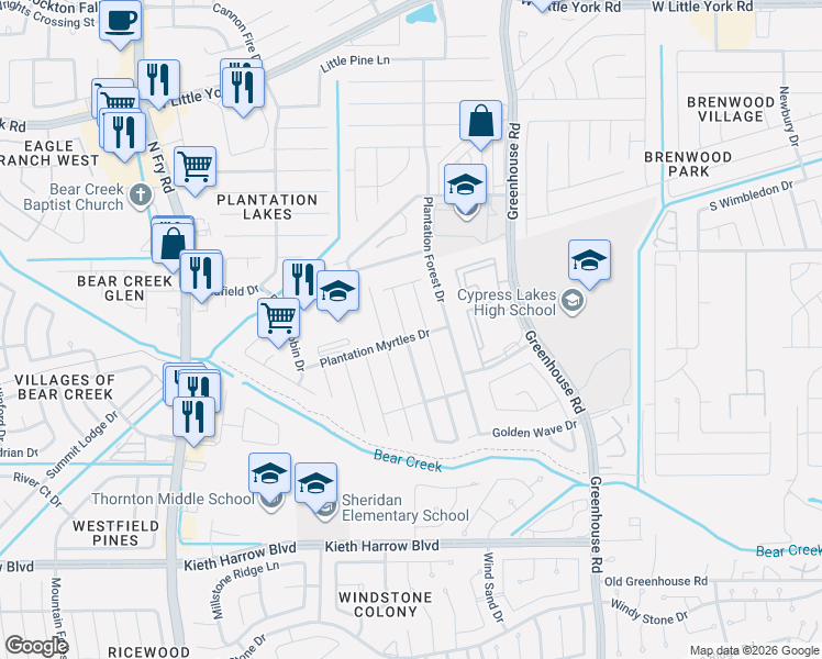 map of restaurants, bars, coffee shops, grocery stores, and more near 5554 Casa Martin Drive in Katy