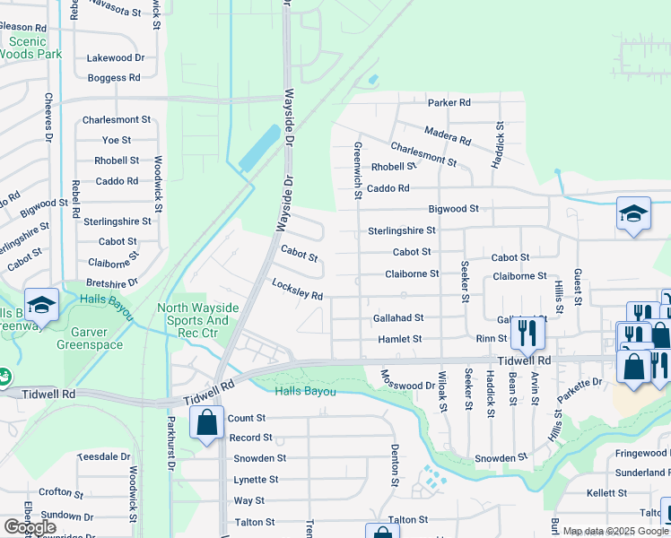 map of restaurants, bars, coffee shops, grocery stores, and more near 8011 Locksley Road in Houston