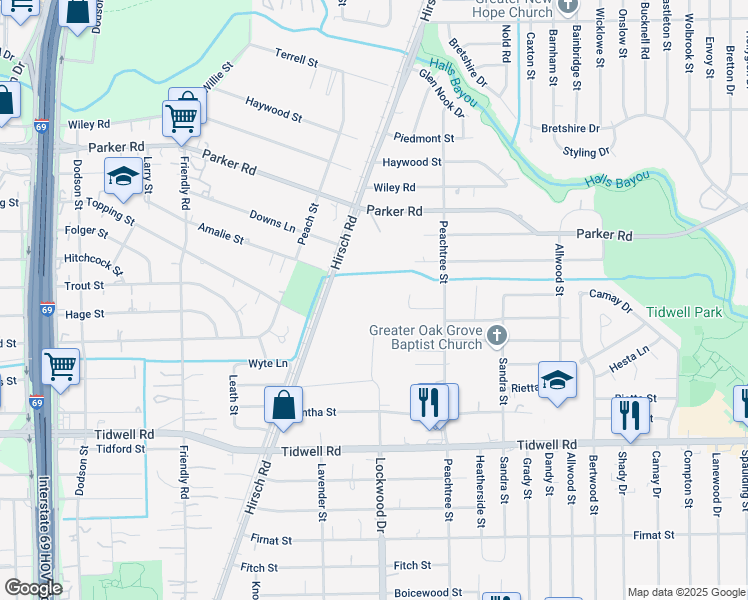 map of restaurants, bars, coffee shops, grocery stores, and more near 5055 Mayle Street in Houston