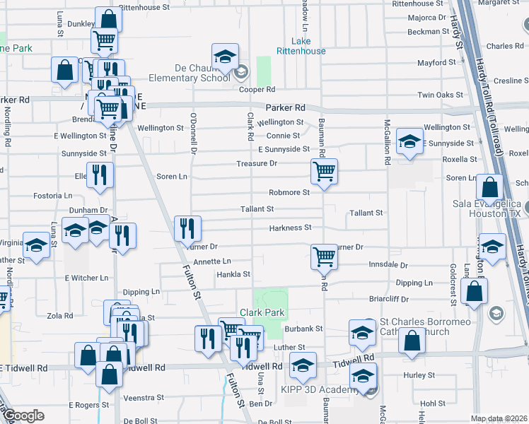 map of restaurants, bars, coffee shops, grocery stores, and more near 215 Harkness Street in Houston