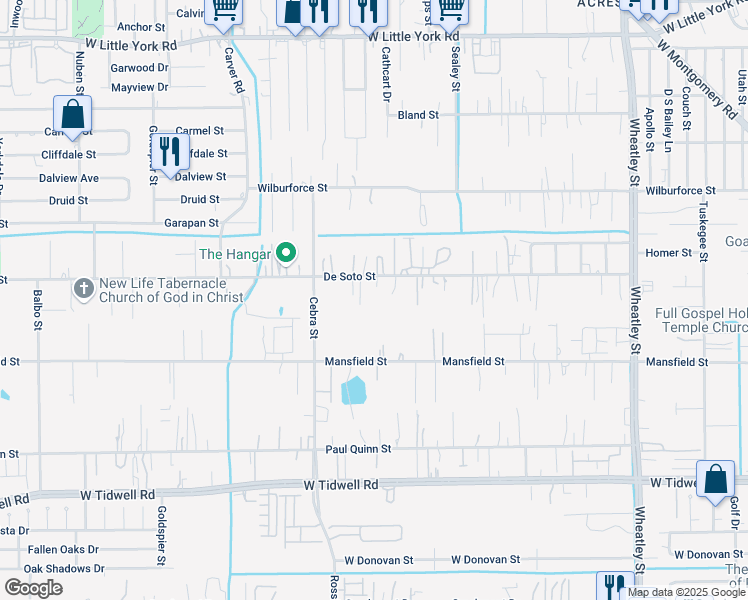 map of restaurants, bars, coffee shops, grocery stores, and more near 2025 De Soto Street in Houston