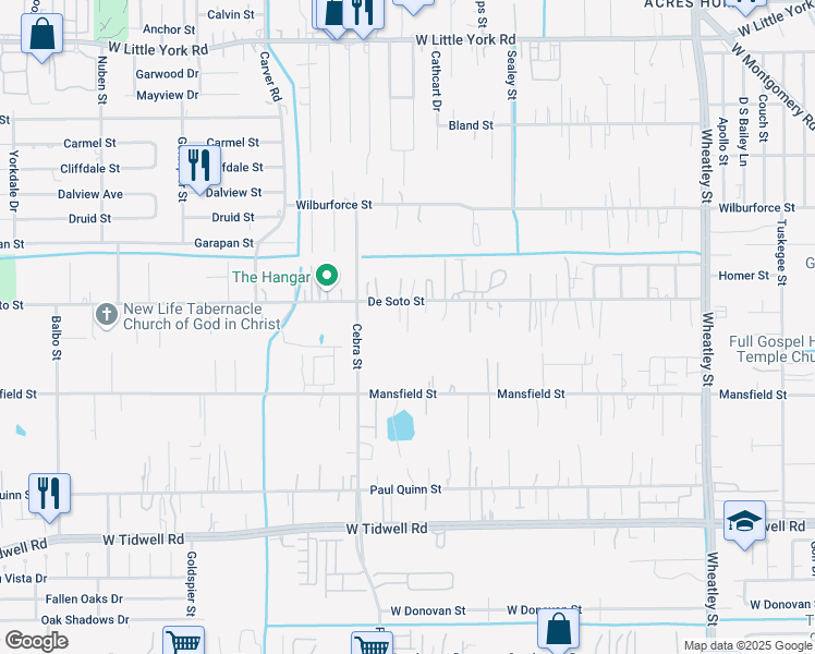 map of restaurants, bars, coffee shops, grocery stores, and more near 2025 De Soto Street in Houston