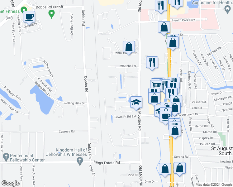 map of restaurants, bars, coffee shops, grocery stores, and more near 225 North Hidden Tree Drive in St. Augustine