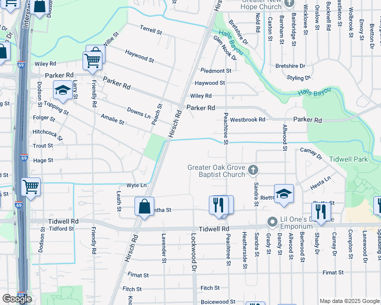 map of restaurants, bars, coffee shops, grocery stores, and more near 5055 Mayle Street in Houston