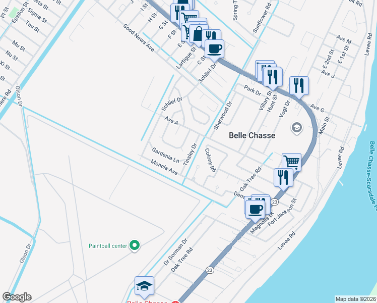 map of restaurants, bars, coffee shops, grocery stores, and more near 121 Downing Court in Belle Chasse