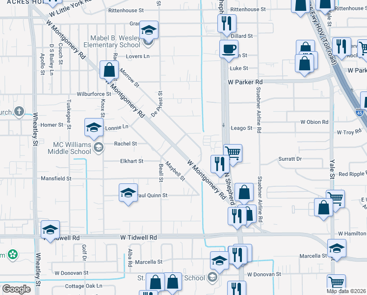 map of restaurants, bars, coffee shops, grocery stores, and more near 6105 Beall Street in Houston