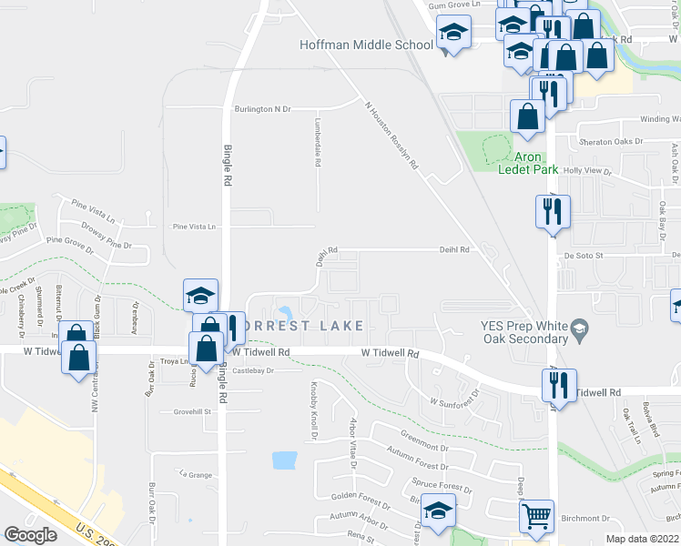 map of restaurants, bars, coffee shops, grocery stores, and more near 6401 Deihl Road in Houston