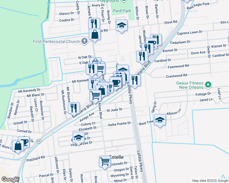 map of restaurants, bars, coffee shops, grocery stores, and more near 2613 Vermillion Drive in Marrero