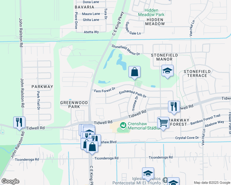 map of restaurants, bars, coffee shops, grocery stores, and more near 12523 Fern Forest Drive in Houston