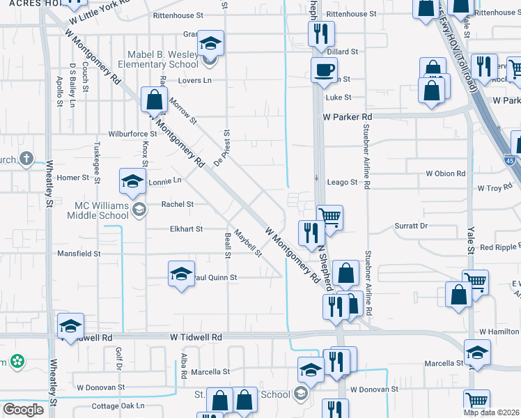 map of restaurants, bars, coffee shops, grocery stores, and more near 6105 Beall Street in Houston