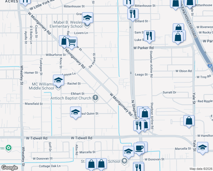 map of restaurants, bars, coffee shops, grocery stores, and more near 6105 Beall Street in Houston