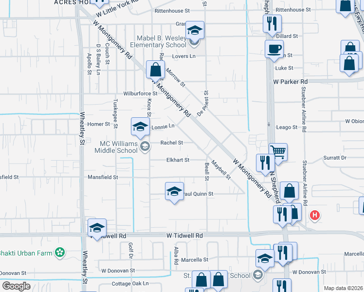 map of restaurants, bars, coffee shops, grocery stores, and more near 6318 Maybell Street in Houston