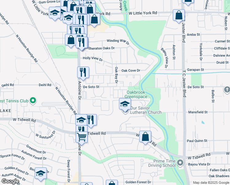 map of restaurants, bars, coffee shops, grocery stores, and more near 36 De Soto Street in Houston