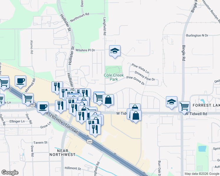 map of restaurants, bars, coffee shops, grocery stores, and more near 7218 Pine Grove Drive in Houston