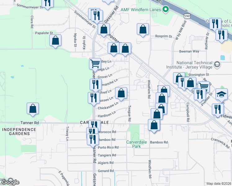 map of restaurants, bars, coffee shops, grocery stores, and more near 10050 Alfred Lane in Houston