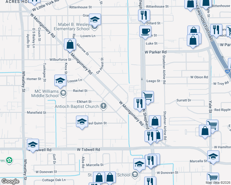 map of restaurants, bars, coffee shops, grocery stores, and more near 6105 Beall Street in Houston