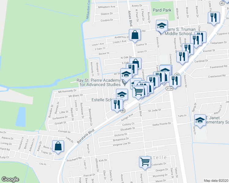 map of restaurants, bars, coffee shops, grocery stores, and more near 5145 Mount Whitney Drive in Marrero