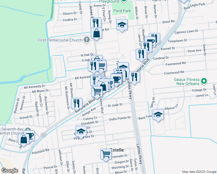 map of restaurants, bars, coffee shops, grocery stores, and more near 8529 Caminada Drive in Marrero