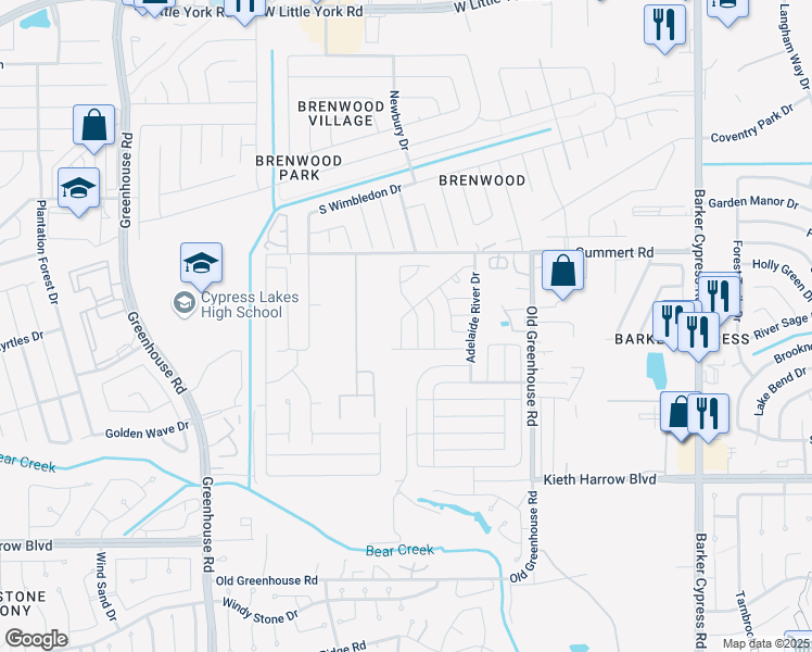 map of restaurants, bars, coffee shops, grocery stores, and more near 5827 Esk River Trail in Katy