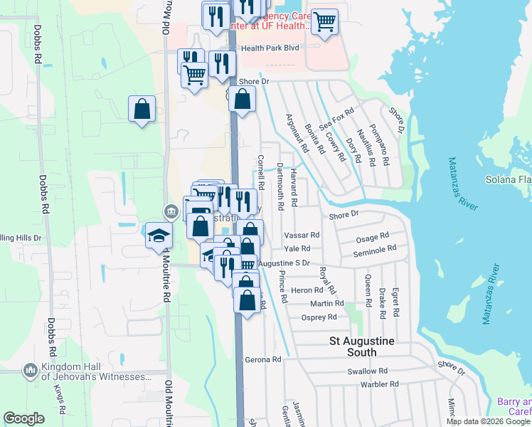 map of restaurants, bars, coffee shops, grocery stores, and more near 249 Cornell Road in St. Augustine