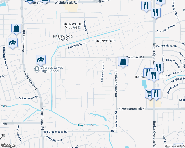 map of restaurants, bars, coffee shops, grocery stores, and more near 18738 Lansdowne Stream Path in Katy