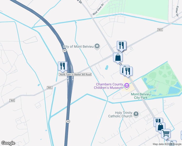 map of restaurants, bars, coffee shops, grocery stores, and more near 2700 North Farm to Market 565 Road in Mont Belvieu