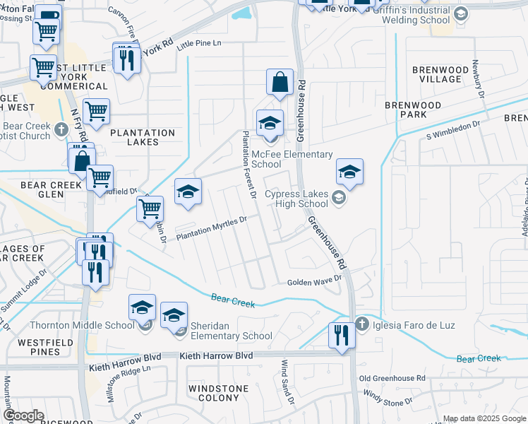 map of restaurants, bars, coffee shops, grocery stores, and more near 5602 Plantation Forest Drive in Katy