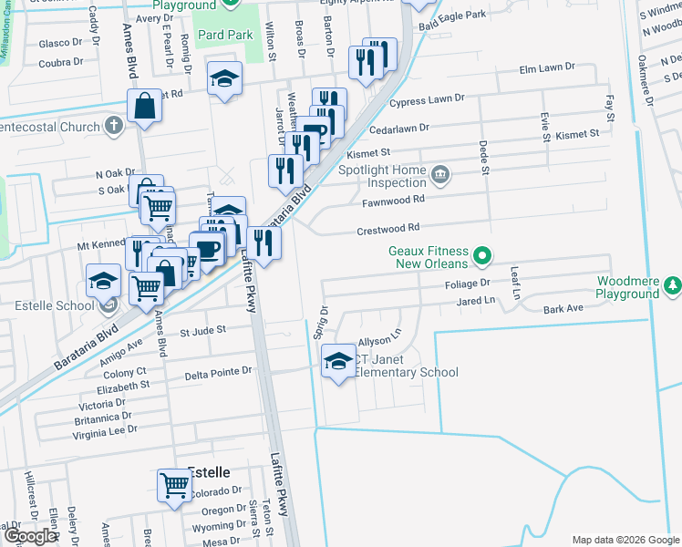map of restaurants, bars, coffee shops, grocery stores, and more near 2517 Long Branch Drive in Marrero