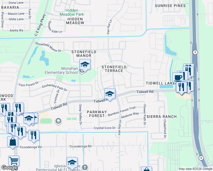 map of restaurants, bars, coffee shops, grocery stores, and more near 12911 Hammermill Lane in Houston