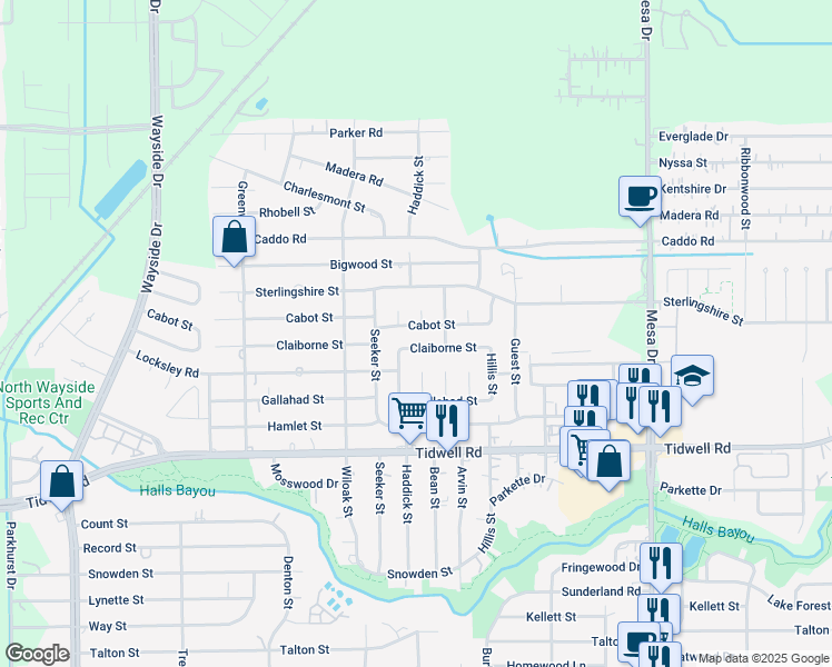 map of restaurants, bars, coffee shops, grocery stores, and more near 8427 Cabot Street in Houston