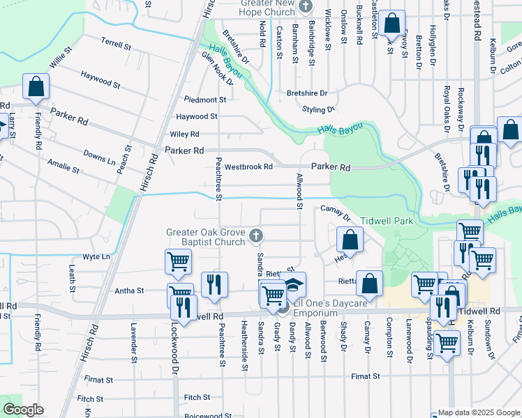 map of restaurants, bars, coffee shops, grocery stores, and more near 5522 Pate Road in Houston