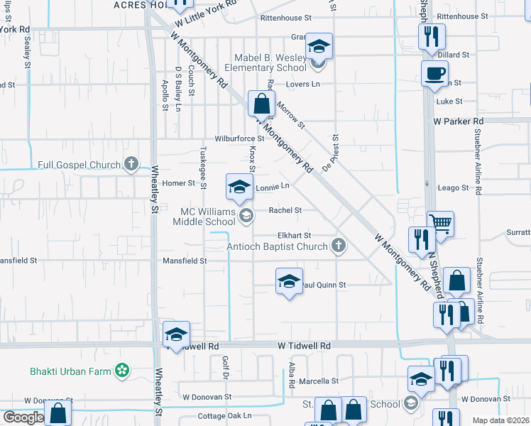 map of restaurants, bars, coffee shops, grocery stores, and more near 6202 Knox Street in Houston