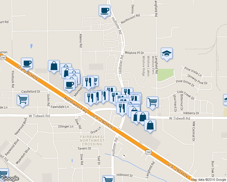 map of restaurants, bars, coffee shops, grocery stores, and more near 5801 Hollister Street in Houston