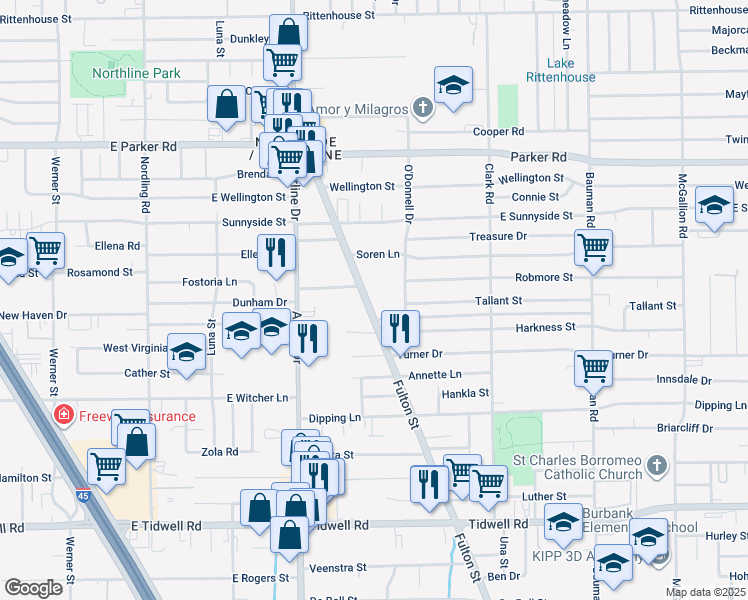 map of restaurants, bars, coffee shops, grocery stores, and more near 10225 Fulton Street in Houston