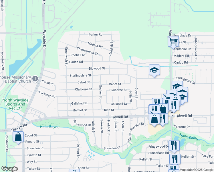 map of restaurants, bars, coffee shops, grocery stores, and more near 9721 Haddick Street in Houston