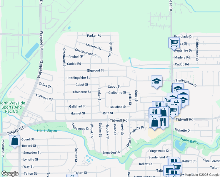 map of restaurants, bars, coffee shops, grocery stores, and more near 8427 Cabot Street in Houston