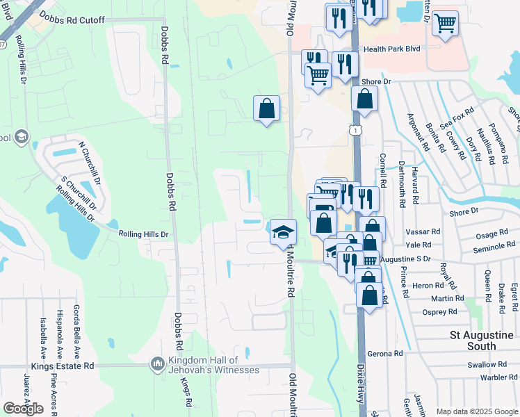 map of restaurants, bars, coffee shops, grocery stores, and more near 200 North Hidden Tree Drive in St. Augustine