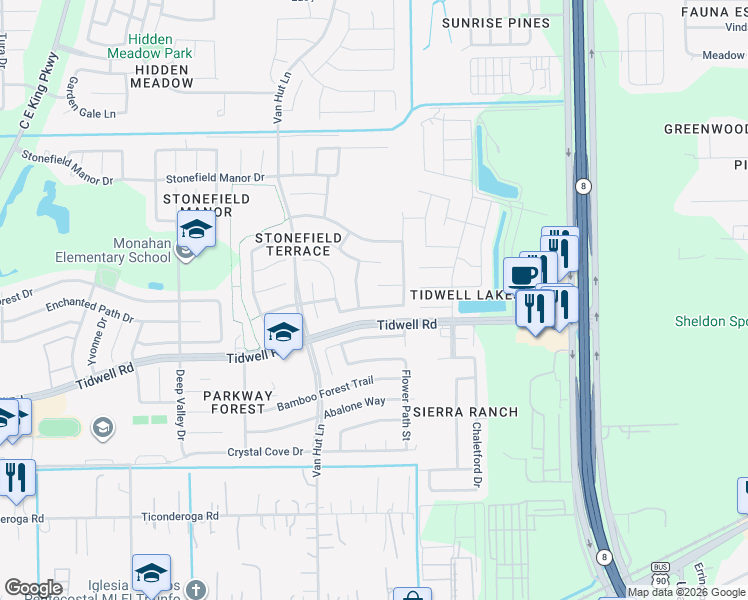 map of restaurants, bars, coffee shops, grocery stores, and more near 13102 Blossom Field Court in Houston