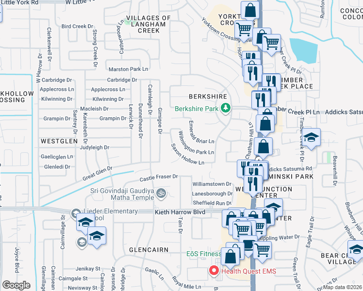 map of restaurants, bars, coffee shops, grocery stores, and more near 16202 Wilmington Park Lane in Houston