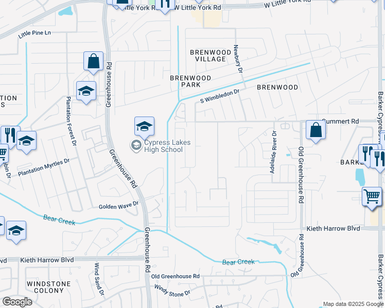 map of restaurants, bars, coffee shops, grocery stores, and more near 5733 South Brenwood Drive in Katy