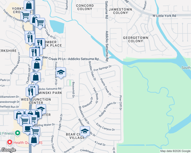 map of restaurants, bars, coffee shops, grocery stores, and more near 15606 Boulder Oaks Drive in Houston