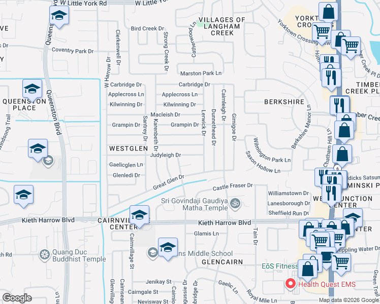 map of restaurants, bars, coffee shops, grocery stores, and more near 16827 Clan Macgregor Drive in Houston