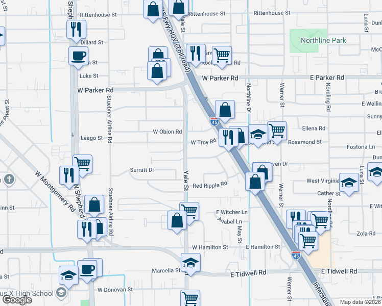 map of restaurants, bars, coffee shops, grocery stores, and more near 245 West Troy Road in Houston