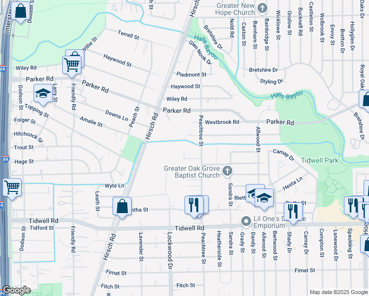 map of restaurants, bars, coffee shops, grocery stores, and more near 5055 Mayle Street in Houston