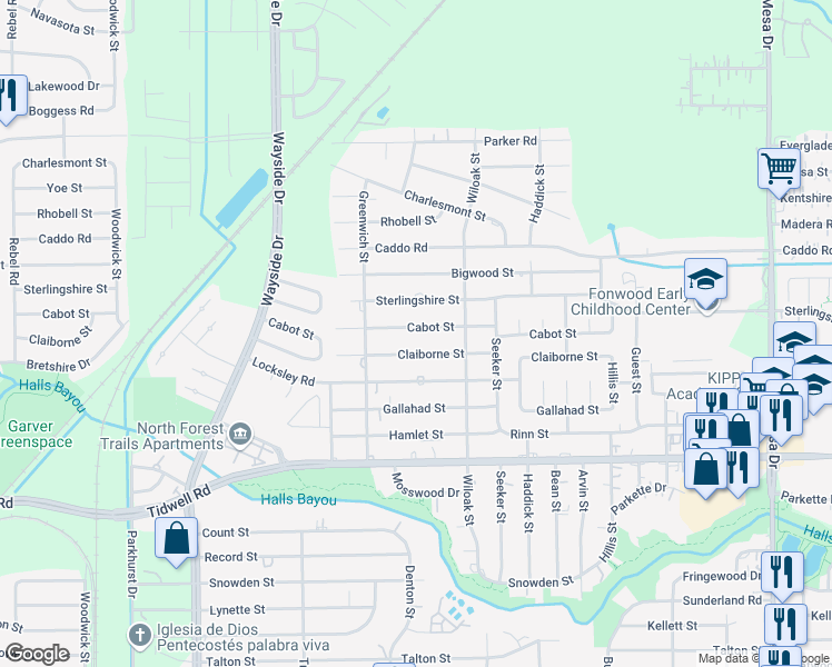 map of restaurants, bars, coffee shops, grocery stores, and more near 8217 Cabot Street in Houston