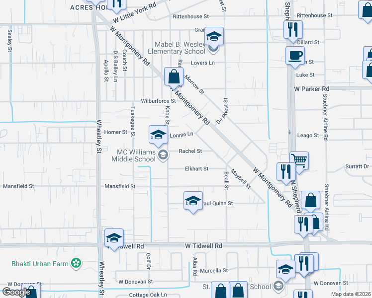 map of restaurants, bars, coffee shops, grocery stores, and more near 856 Rachel Street in Houston